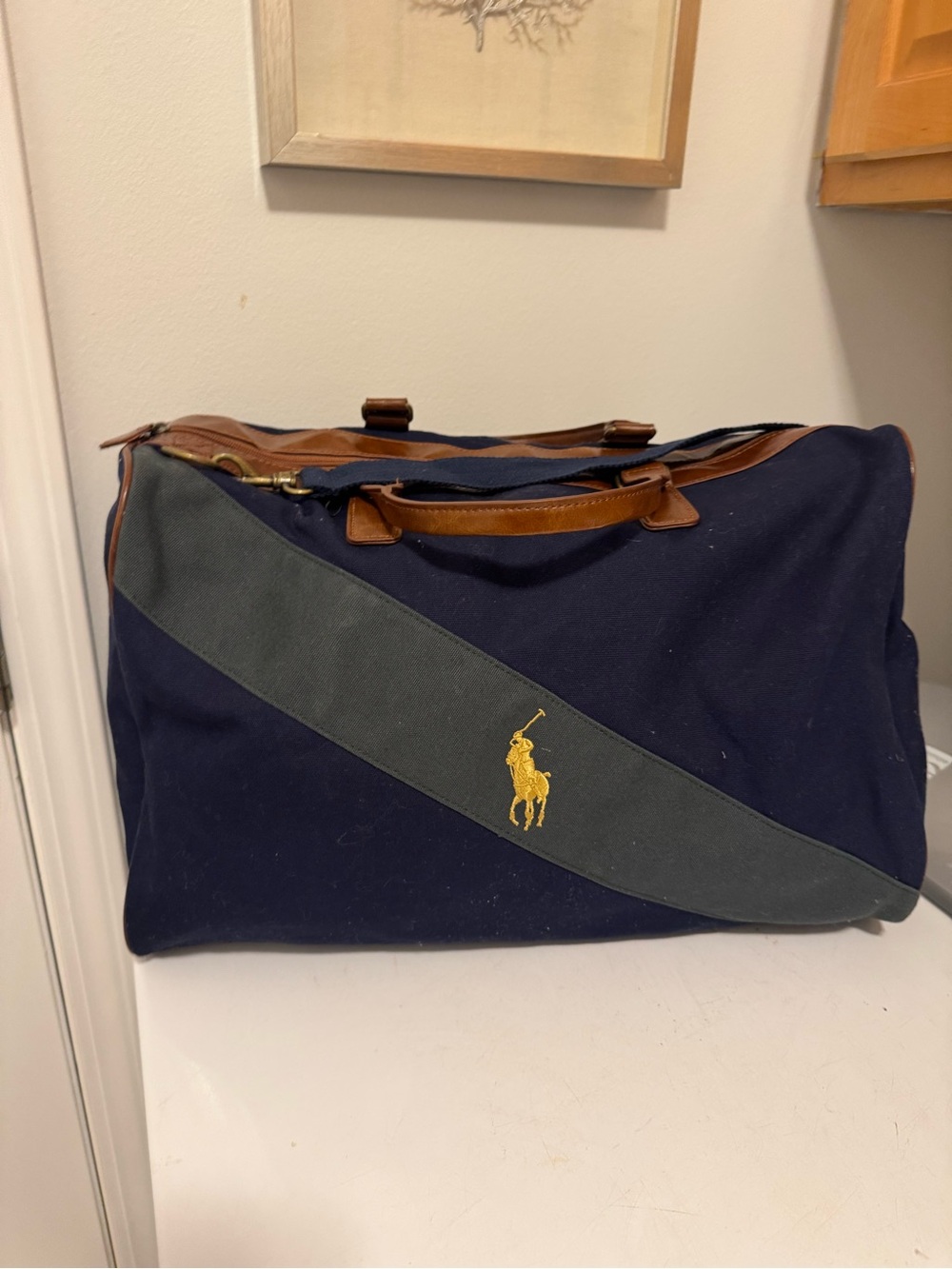 VTG‎ Ralph Lauren Navy Canvas Duffel with Brown Leather Trim and Yellow Logo